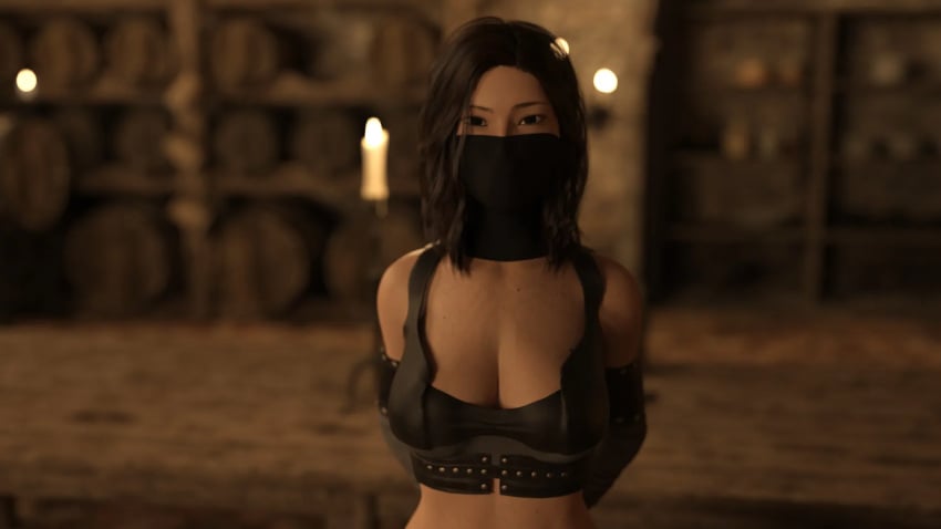 asian asian_female assassin astrid_(the_swordbearer) black_eyes black_hair copyright face_mask facemask female female_only fully_clothed game_cg medium_breasts medium_hair