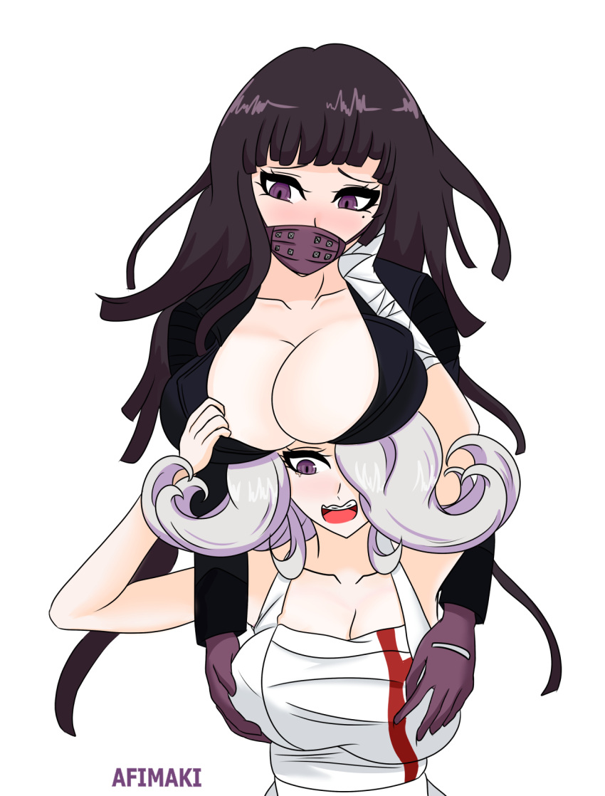 afimaki alternate_version_available apron apron_only breasts breasts_on_head cleavage danganronpa danganronpa_2:_goodbye_despair danganronpa_3 groping groping_breasts kimura_seiko large_breasts multiple_girls skimpy_clothes straight_hair super_danganronpa_2 tsumiki_mikan wearing_others_clothes