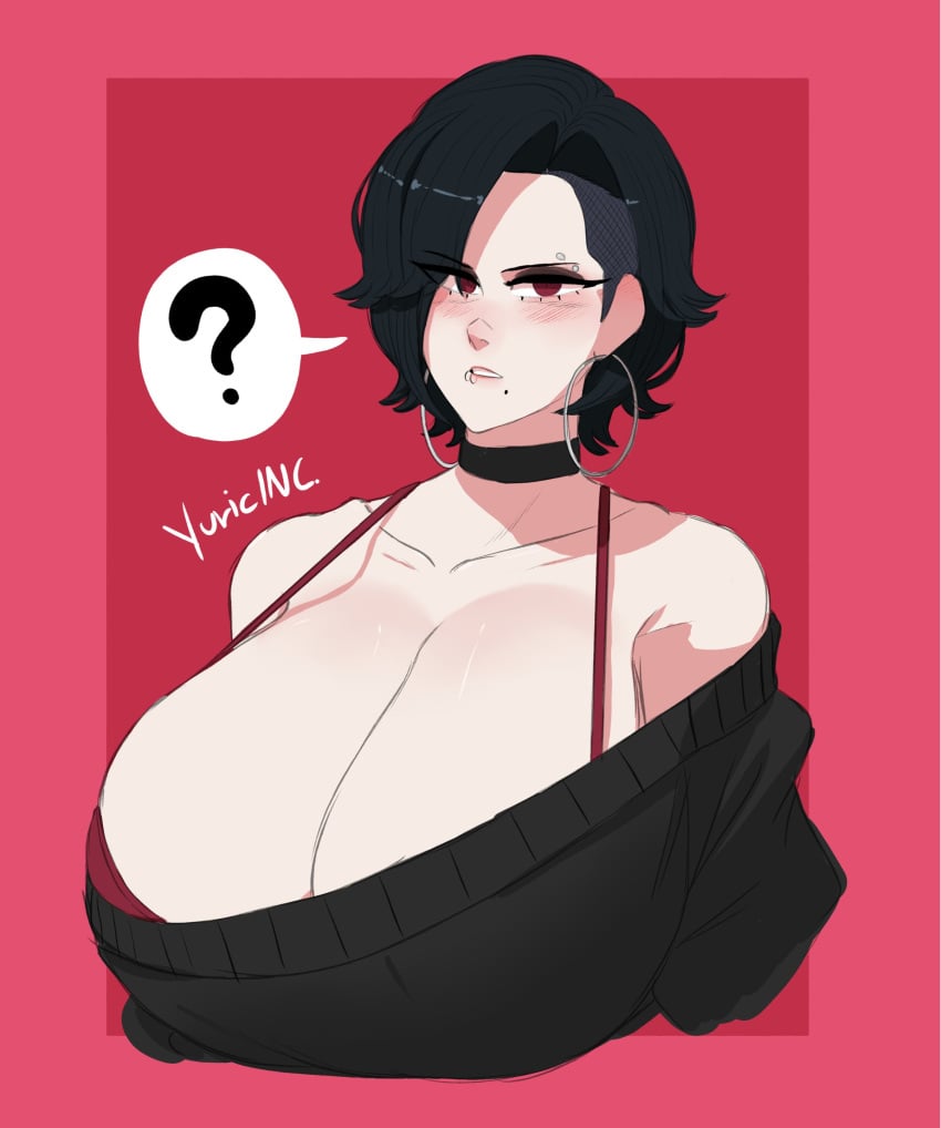 2025 black_hair bob_cut bra choker eyebrow_piercing hoop_earrings huge_breasts lei_(coloredyiddies) lip_piercing messy_hair mole_under_mouth original_character pale_skin piercing red_eyes sweater undercut yuric_inc