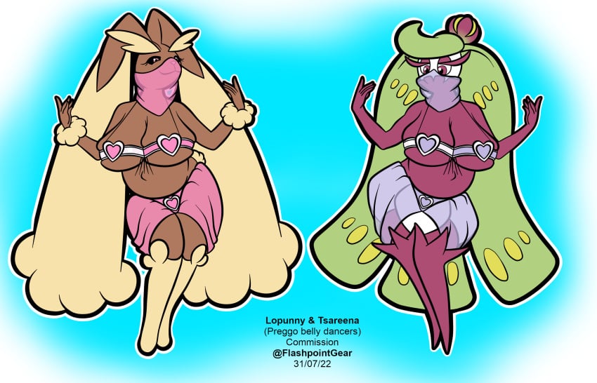 2girls belly belly_dancer belly_dancer_outfit big_breasts breasts bunny_ears cleavage commission dancing female_focus female_only flashpoint_gear_(artist) furry harem_outfit lopunny pokémon_(species) pokemon pokemon_(species) pregnant pregnant_belly pregnant_female tsareena