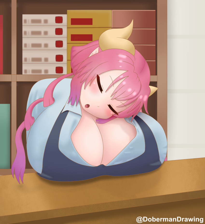 apron big_breasts blue_apron blue_shirt blush breasts cleavage closed_eyes cute cute_face dragon dragon_girl eyes_closed female female_only fully_clothed horn huge_breasts ilulu_(dragon_maid) ilulu_(maidragon) large_breasts miss_kobayashi's_dragon_maid open_mouth pink_hair red_hair shirt sleeping sleeping_on_breasts solo solo_female solo_focus