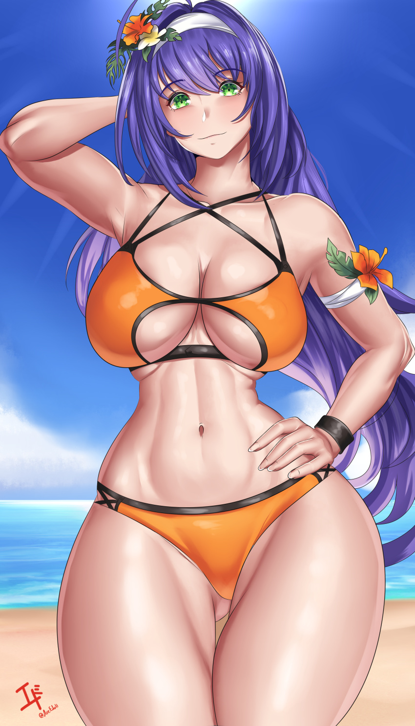 1girls ahoge alternate_breast_size alternate_costume arcedo arm_behind_head armpits ass_visible_through_thighs bare_arms bare_midriff bare_shoulders bare_thighs beach big_breasts bikini breasts collarbone color female female_only fire_emblem fire_emblem:_path_of_radiance fire_emblem:_radiant_dawn fire_emblem_heroes flower green_eyes hair_flower hand_on_own_hip headband large_breasts long_hair mia_(fire_emblem) mia_(summer)_(fire_emblem) midriff navel nintendo ocean official_alternate_costume orange_bikini orange_swimsuit outdoors purple_hair shoulders smile solo standing swimsuit thick_thighs thighs underboob very_long_hair wide_hips