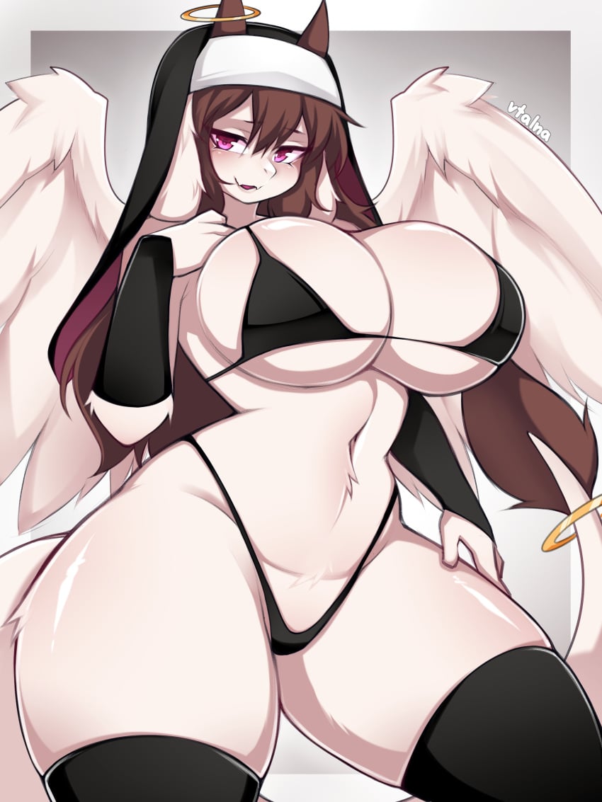 1girls absurd_res aria_(fluffeve) armwear big_breasts bikini black_thighhighs bovid brown_hair caprine commission dragon feathered_wings female female_only fur furred_dragon furry goat horns hybrid long_hair looking_at_viewer mammal nun nun_hat pink_eyes smiling smiling_at_viewer solo tail tail_tuft thick_thighs thigh_squish thighhighs vtalna white_fur wings