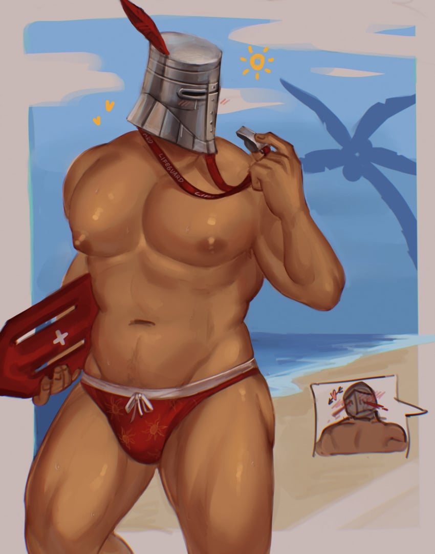 beach big_pecs blush bulge chosen_undead dark_souls fromsoftware happy_trail headwear helmet human imlooking knight lifeguard male male_only masked masked_male muscular muscular_male neckwear nosebleed pecs rescue_buoy solaire_of_astora solo_focus speedo swimwear whistle whistle_around_neck