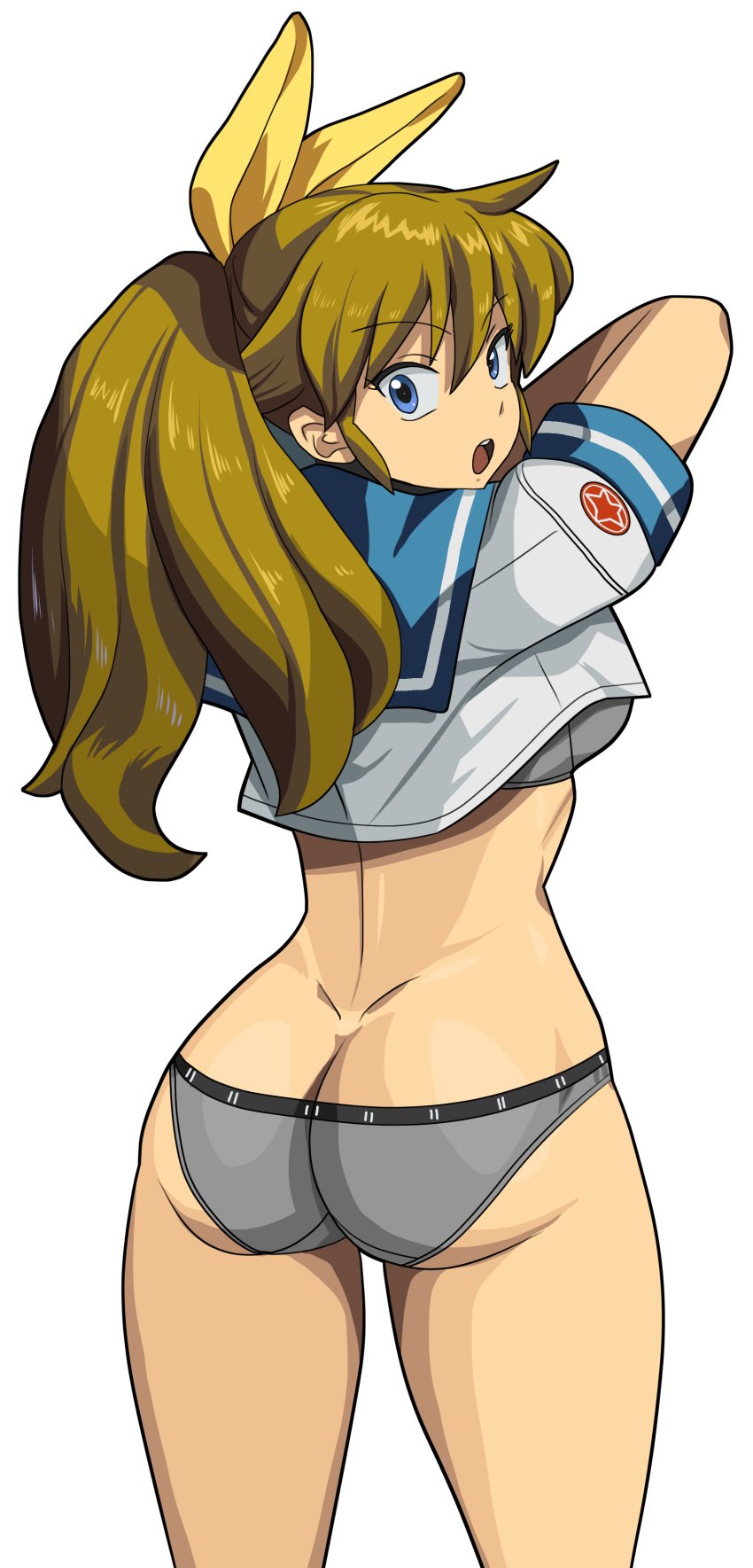 absurdres ass blue_eyes bow bra brown_eyes butt_crack clothes_lift cowboy_shot crotch_seam derivative_work dimples_of_venus female from_behind grey_bra grey_panties hair_between_eyes hairbow highres lifting_own_clothes long_hair looking_back m.u.g.e.n mugen_ryuko no_pants oggy_(oggyoggy) open_mouth original panties ponytail ryukoredraw school_uniform screenshot_redraw serafuku shirt shirt_lift solo sports_bra teenage_girl teenager teeth transparent_background underwear undressing upper_teeth_only yellow_bow