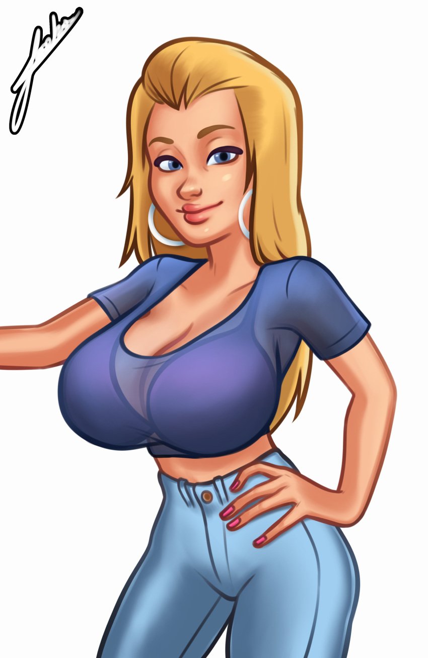 1girls 2d 2d_(artwork) athletic athletic_female big_breasts blonde_hair blonde_hair blue_eyes bra breasts cleavage clothed clothing digital_drawing_(artwork) digital_media_(artwork) earrings female female_focus female_only hand_on_hip hand_on_waist jeans joakadraws light-skinned_female light_skin long_hair looking_at_viewer pose posing roxxy_(summertime_saga) see-through see-through_top smile smiling solo solo_focus summertime_saga teenage_girl teenager watermark