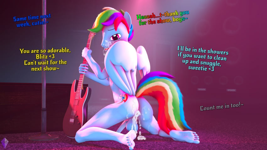 absurd_res anthro anthrofied balls blue_body bodily_fluids cum dialogue english_text equid equine feet friendship_is_magic genital_fluids genitals guitar hair hasbro hi_res kneeling mammal multicolored_hair multicolored_tail musical_instrument my_little_pony mythological_creature mythological_equine mythology offscreen_character pegasus penis plucked_string_instrument rainbow_dash_(mlp) rainbow_hair rainbow_tail solo stage string_instrument tail text unie wings