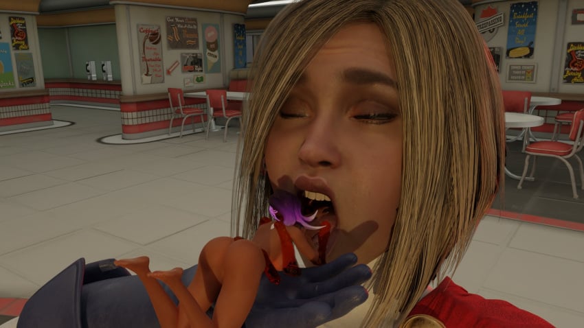 2girls 3d blonde_hair dc dc_comics female female_pred female_prey giantess kara_zor-l karen_starr macro micro oral_vore overwatch overwatch_2 power_girl size_difference sombra spungyjacket vore