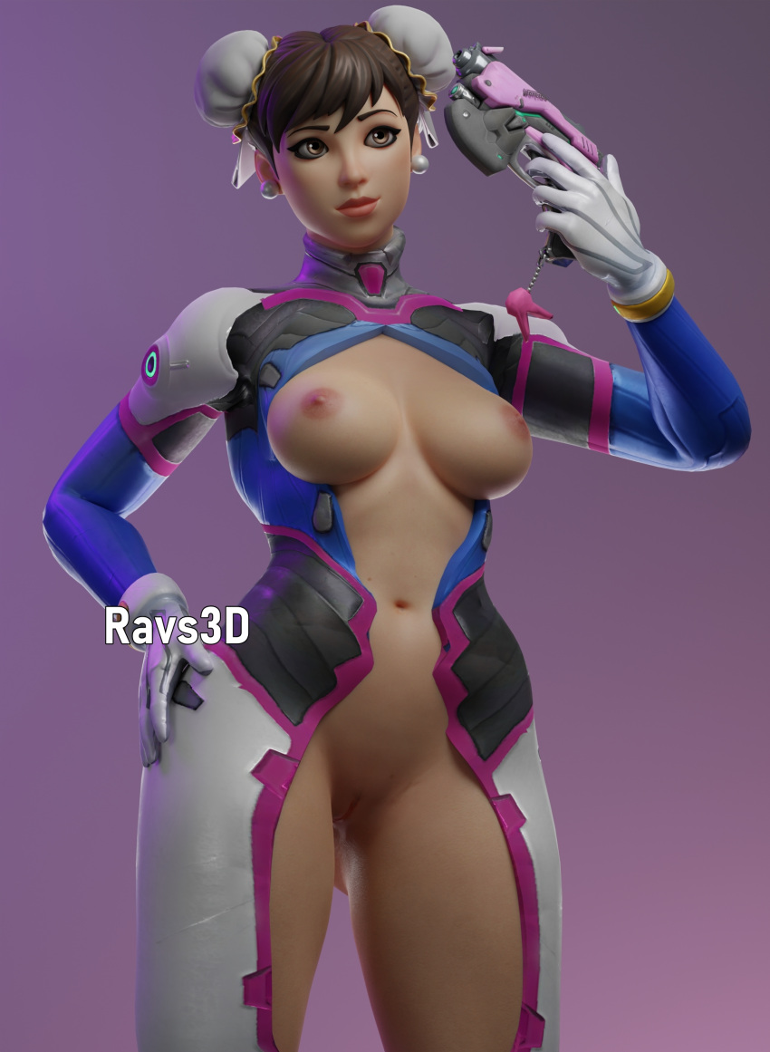 1girls 3d blender breasts brown_eyes brown_hair capcom chun-li chun-li_(fortnite) cosplay d.va_(cosplay) female female_focus female_only fortnite fortnite:_battle_royale gun overwatch pussy ravs3d short_hair simple_background smile solo solo_female solo_focus street_fighter thick