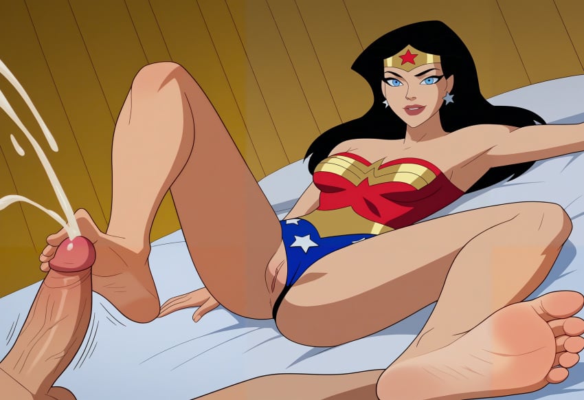 1boy 1girls 2d ai_generated armpit armpits barefoot black_hair cartoon cum cumming dc dc_comics dcau diana_prince ejaculation female female_focus femdom foot_fetish footjob heroine humiliation justice_league justice_league_unlimited male nsfwworks.ia penis pussy smile soles superheroine vagina wonder_woman wonder_woman_(justice_league) wonder_woman_(series)