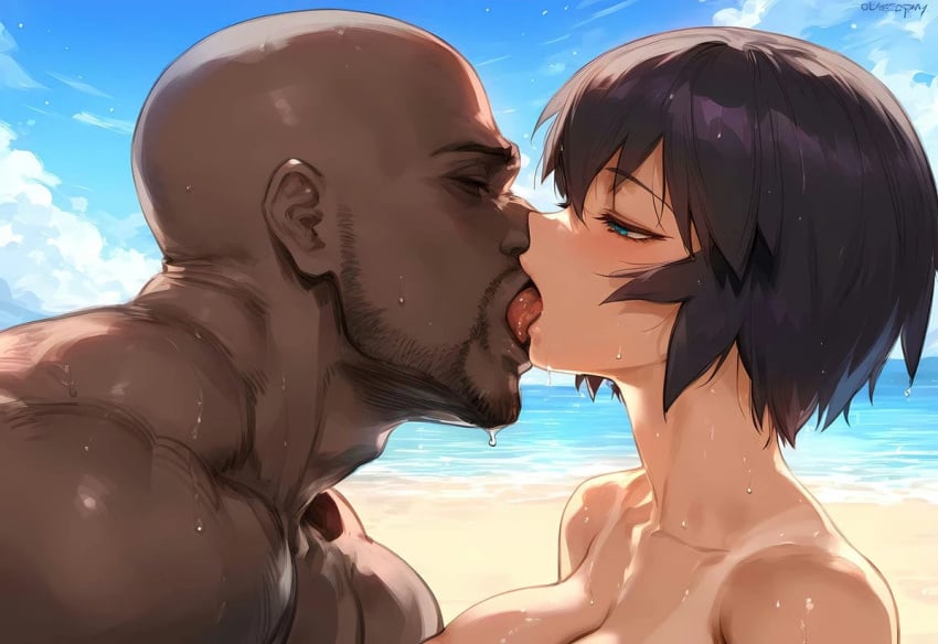 1boy 1girls ai_generated azumanga_daiou big_breasts breast_press_on_chest brown_hair closed_eyes dark-skinned_male dark_skin french_kiss huge_breasts interracial kagura_(azumanga_daiou) large_breasts muscular_male nakatori nude nude_female nude_male short_hair tan-skinned_female tan_body tanned_female tanned_skin tomboy voluptuous voluptuous_female