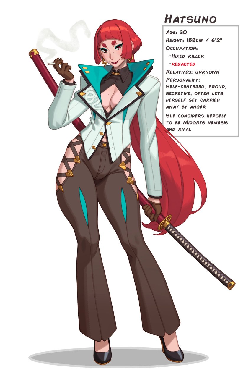 1futa 2024 absurd_res biography character_sheet clothing cock_bulge english_text female female_only futanari hatsuno_(rizdraws) katana long_hair looking_at_viewer makeup measurements original original_character red_eyes red_hair red_lipstick rizdraws solo text