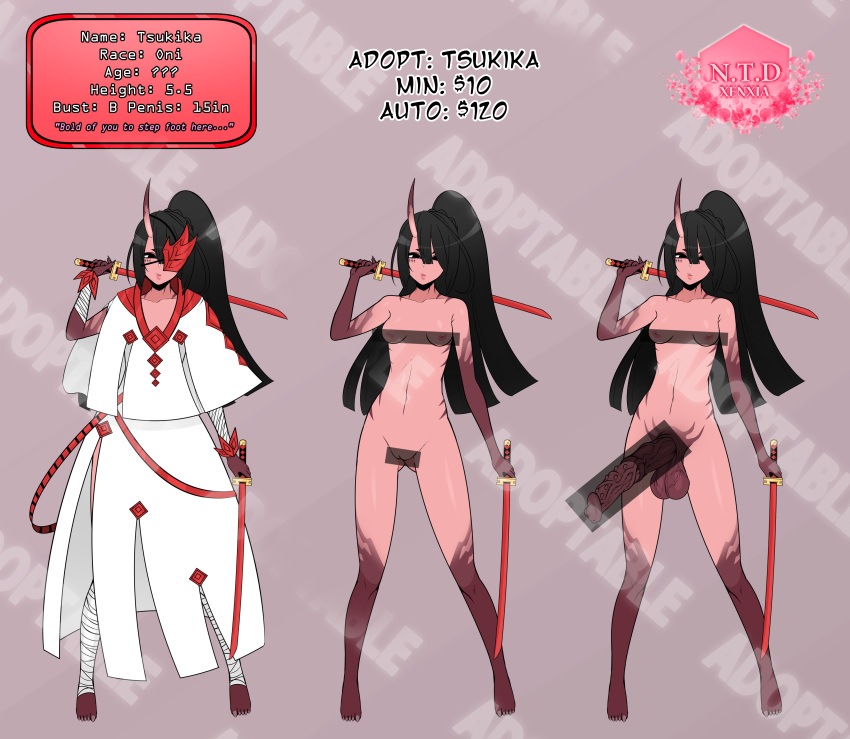 1futa 1girls adoptable animal_genitalia areolae atelier_sol_aer b-cup_breasts balls bar_censor barefoot black_eyes black_hair breasts censored character_sheet clothed clothing cup_size demon dual_wielding erection female fully_clothed futanari horn horsecock huge_cock humanoid katana long_hair markings nipples nude oni penis pink_skin ponytail red_skin self_upload simple_background solo standing veiny_penis xenxia ych