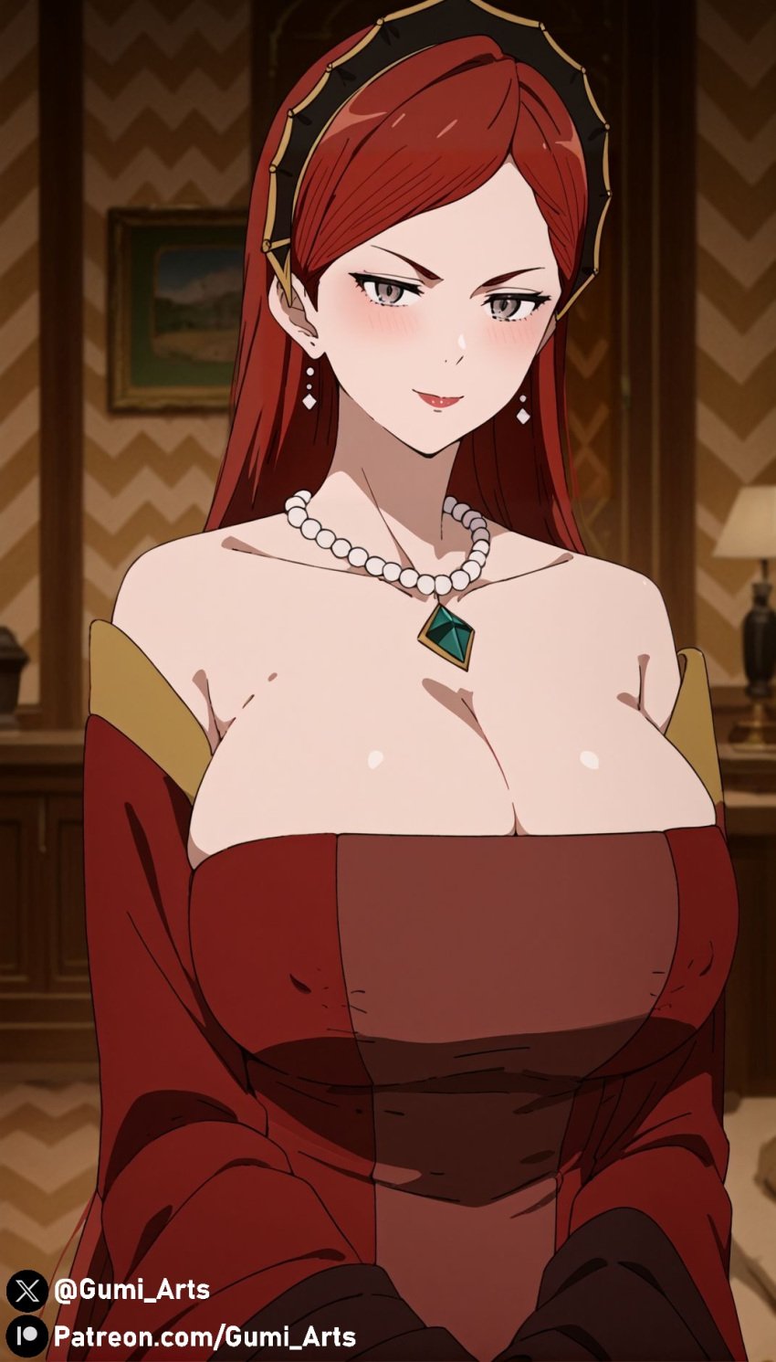 ai_generated cleavage covered_nipples dress green_eyes gumi_arts hilda_boreas_greyrat huge_breasts indoors looking_at_viewer mushoku_tensei necklace red_hair smile stable_diffusion upper_body