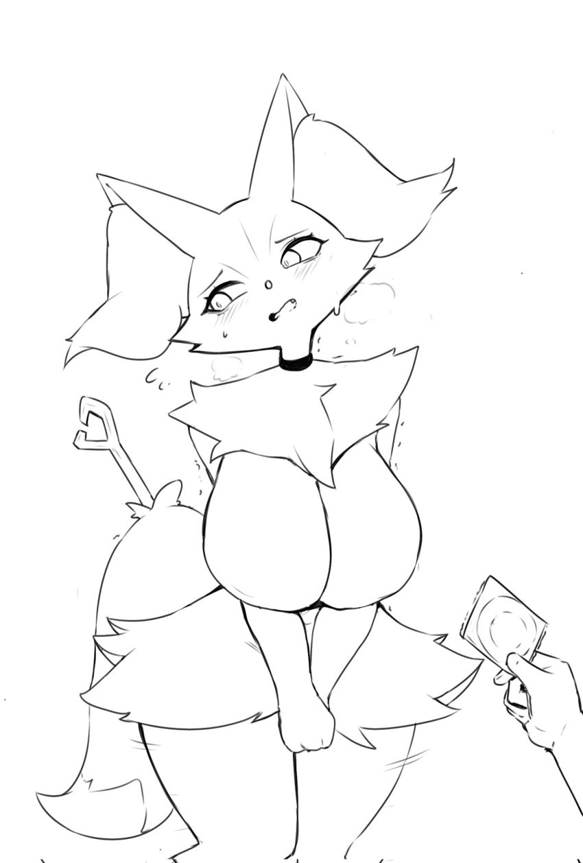 2023 anthro aroused big_breasts biped blush bodily_fluids braixen branch breasts canid canine cheek_tuft choker condom covering covering_crotch cute_fangs dipstick_tail duo eyelashes faceless_character faceless_human faceless_male facial_tuft featureless_breasts female female_focus flustered flying_sweatdrops fur generation_6_pokemon hi_res hip_sway holding_condom holding_object human inner_ear_fluff interspecies jewelry looking_away male male/female mammal markings mostly_offscreen_character narrowed_eyes necklace nintendo open_mouth pokemon pokemon_(species) pokemon_xy pokephilia portrait requesting sex_request sexual_barrier_device shy simple_background solo_focus standing sweat sweatdrop tail tail_markings thick_thighs three-quarter_portrait tuft white_background wide_hips wozzu1