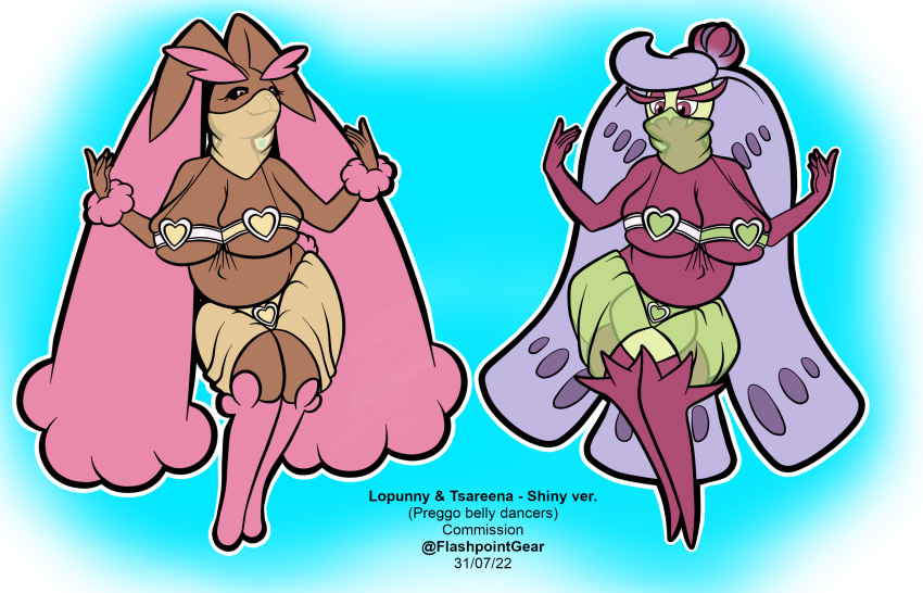 2girls alternate_color alternate_version_available belly belly_dancer belly_dancer_outfit big_breasts breasts bunny_ears cleavage commission dancing female_focus female_only flashpoint_gear_(artist) furry harem_outfit lopunny pokémon_(species) pokemon pokemon_(species) pregnant pregnant_belly pregnant_female shiny shiny_pokemon tsareena