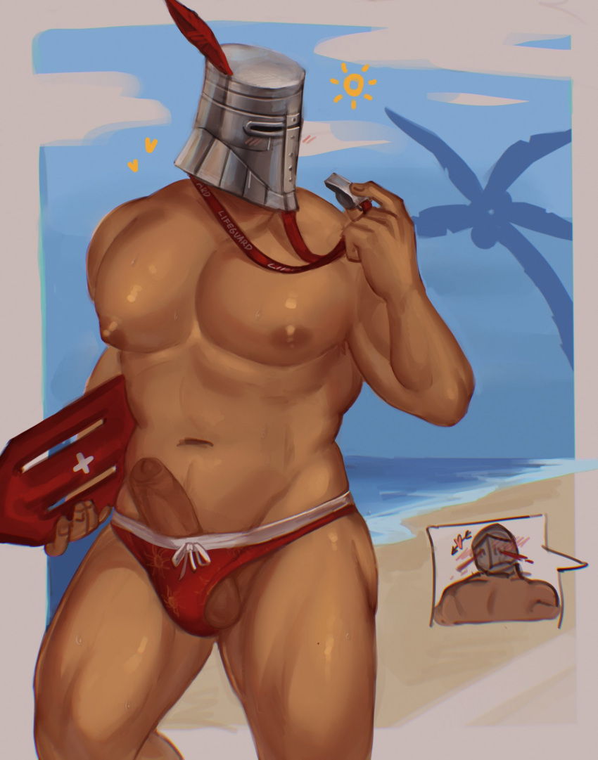 balls beach big_pecs blush bulge casual chosen_undead dark_souls erection fromsoftware happy_trail headwear helmet human imlooking knight lifeguard male male_only masked masked_male muscular muscular_male neckwear nosebleed partially_retracted_foreskin pecs penis penis_out rescue_buoy solaire_of_astora solo_focus speedo swimwear uncensored uncut whistle whistle_around_neck