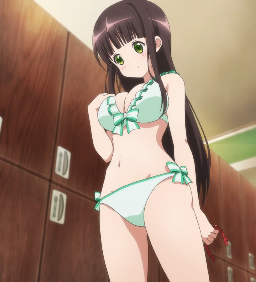 1girls big_breasts chiya_ujimatsu female female_only gochuumon_wa_usagi_desu_ka? green_swimsuit huge_breasts large_breasts screenshot solo stitched swimsuit ujimatsu_chiya