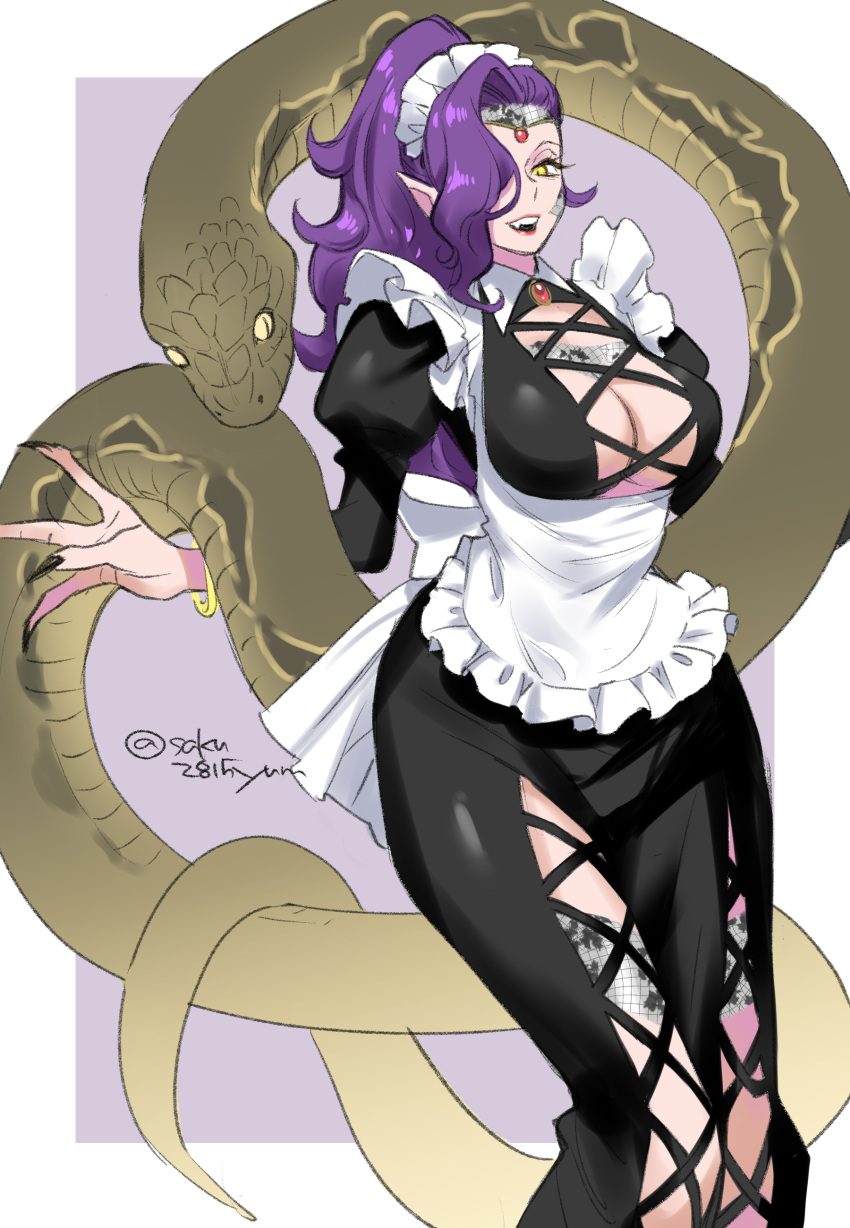 1animal jewelry lilith_(megami_tensei) maid maid_outfit maid_uniform megami_tensei pointy_ears purple_hair red_lipstick scales shin_megami_tensei snake succubus yellow_eyes