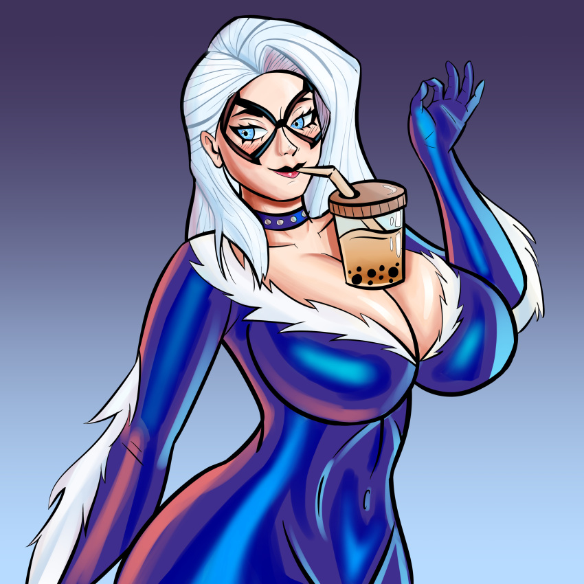 big_breasts black_cat_(marvel) blue_eyes boba_tea breasts choker cleavage felicia_hardy female female_only huge_breasts latex latex_suit marvel marvel_comics nude nude_female spider-man_(series) tapioca_challenge white_hair