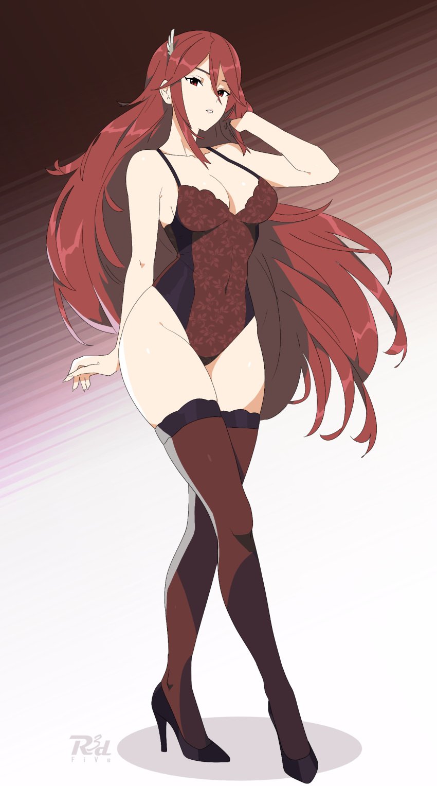 cordelia_(fire_emblem) fire_emblem fire_emblem_awakening lingerie r3dfive red_eyes red_hair solo_female thighhighs thighs