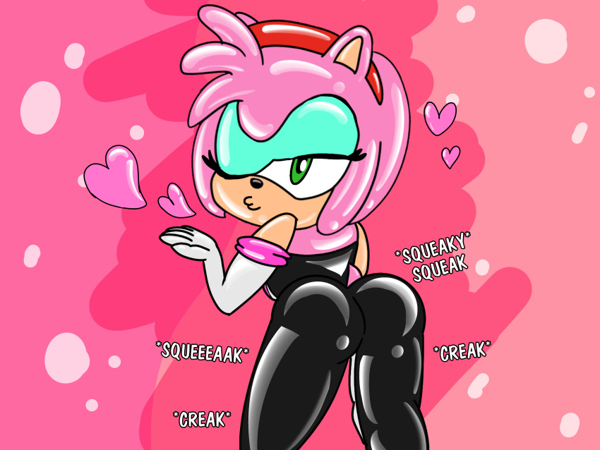 amy_rose amy_the_bat bodysuit bubble_butt curvy_female kissing latex_suit looking_back presenting_ass rouge_the_bat_(cosplay) seductive_smile sonic_(series) spandex_suit