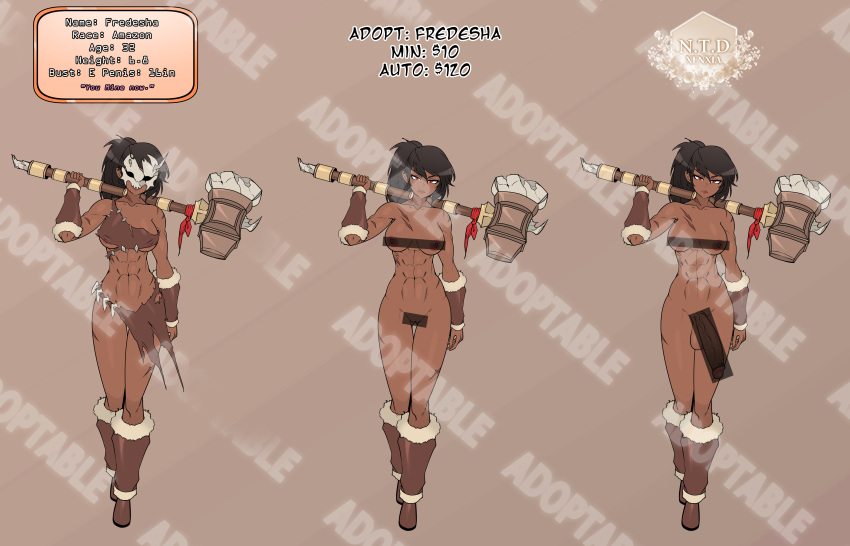 1futa 1girls abs adoptable amazon atelier_sol_aer bar_censor barbarian big_penis black_hair breasts censored character_sheet clothed clothing cup_size dark-skinned_futanari dark_skin e-cup_breasts english_text erection female futanari hammer human mostly_nude muscles muscular_futanari nipples nude pale_skin penis ponytail scar scars self_upload simple_background solo standing text xenxia ych