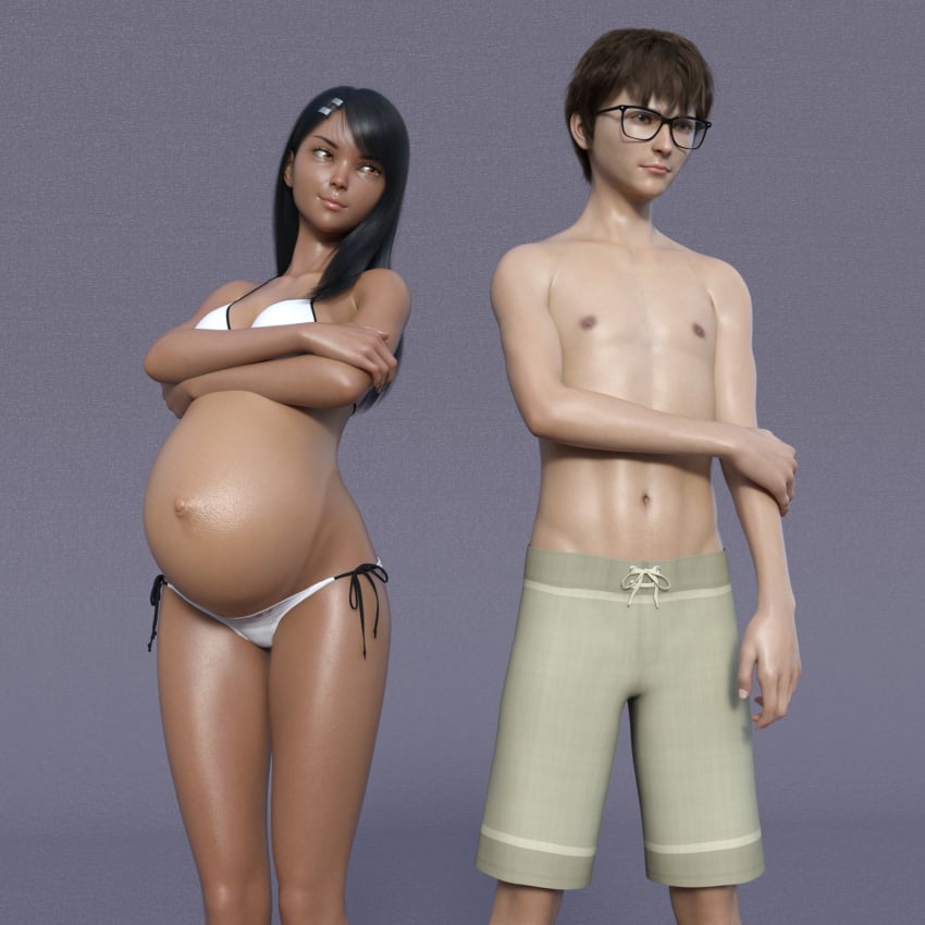 1boy 1girls 3d belly big_belly bikini black_hair cleavage female hayase_nagatoro long_black_hair male naoto_hachioji_(senpai) outie_navel please_don't_bully_me,_nagatoro pregnant sandsage tan tan-skinned_female tanned