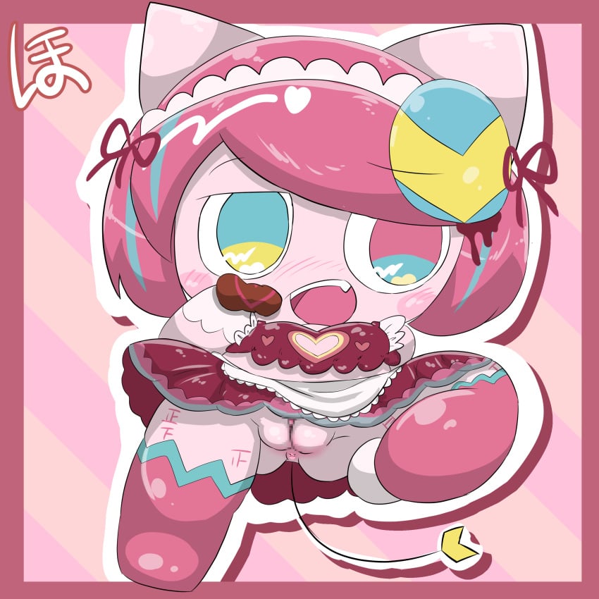 1girls animal_ears anus apron blue_eyes breasts chibi chibi_style cleavage cleavage_cutout covered_nipples creature erect_nipples fang frilled_apron frills hair_ornament hair_ribbon heart_cutout heterochromia large_breasts maid maid_apron maid_headdress maid_outfit nipples open_mouth pepoyo pink_eyes pink_hair pink_ribbon pink_skin pink_thighhighs poyoroid poyoroido pussy ribbon solo super_deformed tail tatwuyan_e thighhighs utau vagina