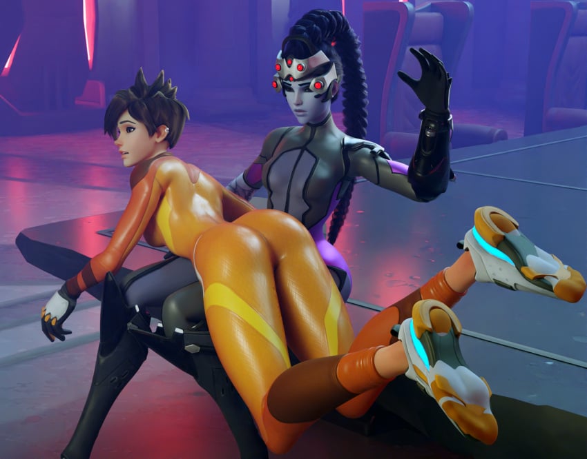 2girls 3d ass ass_focus bare_ass blender blue_hair bodysuit braid discipline dominant_female female female_only femdom highres indoors kinkblink latex_suit multiple_girls naughty overwatch overwatch_2 punishment purple_skin slapping_butt spank_marks spanked_butt spanking spiky_hair submissive tracer twin_braids twintails video_games widowmaker yellow_eyes yuri