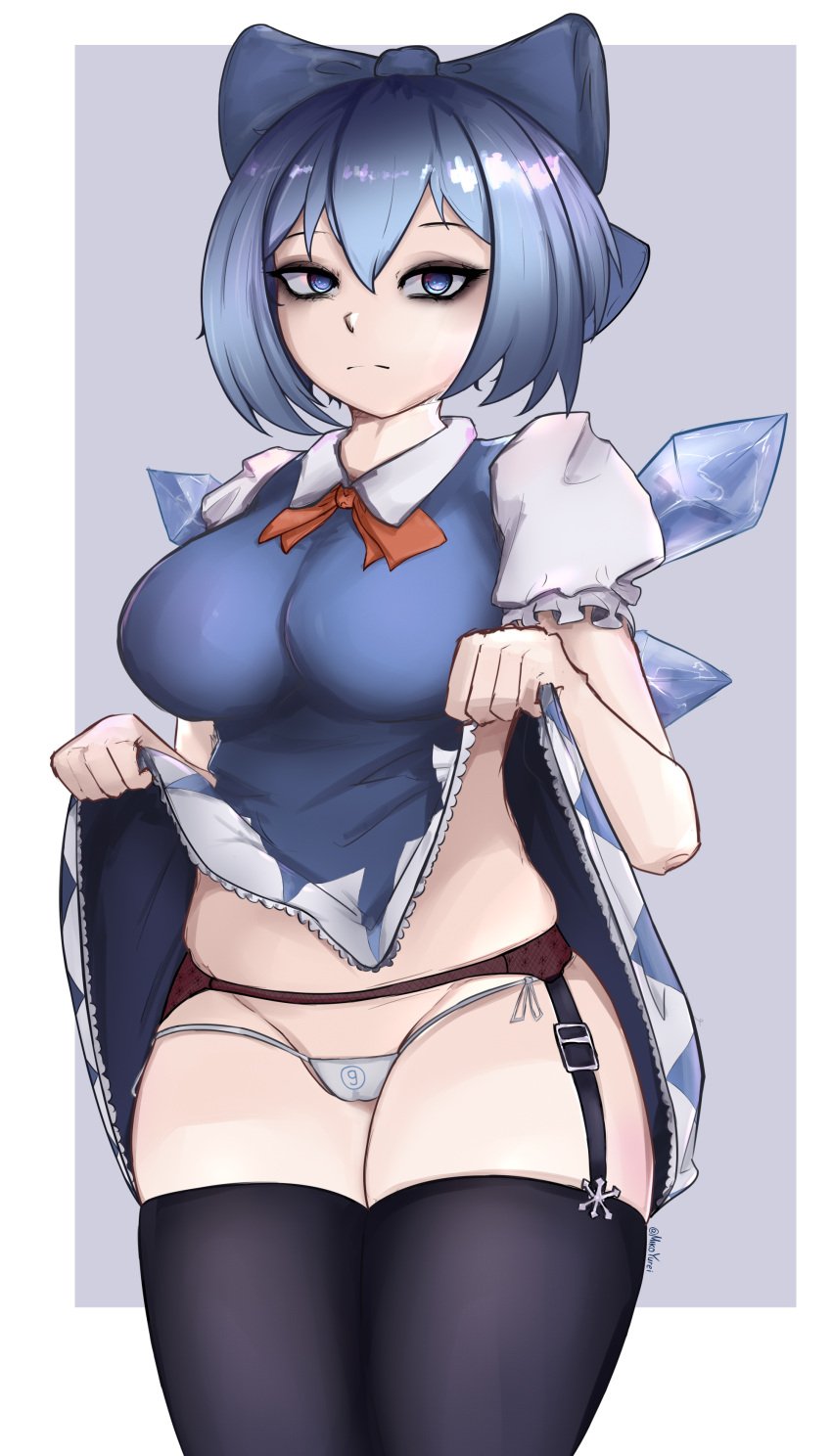 1girls 2d 9 :| artist_name artist_signature ascot big_breasts blue_eyes blue_hair breasts cirno dress dress_lift eyelashes fairy female garter_belt garter_straps hair_ribbon ice_wings looking_at_viewer mik0h1me panties presenting presenting_panties print_panties puffy_short_sleeves shirt short_hair solo source standing thick_thighs thighhighs thighs touhou unamused wings