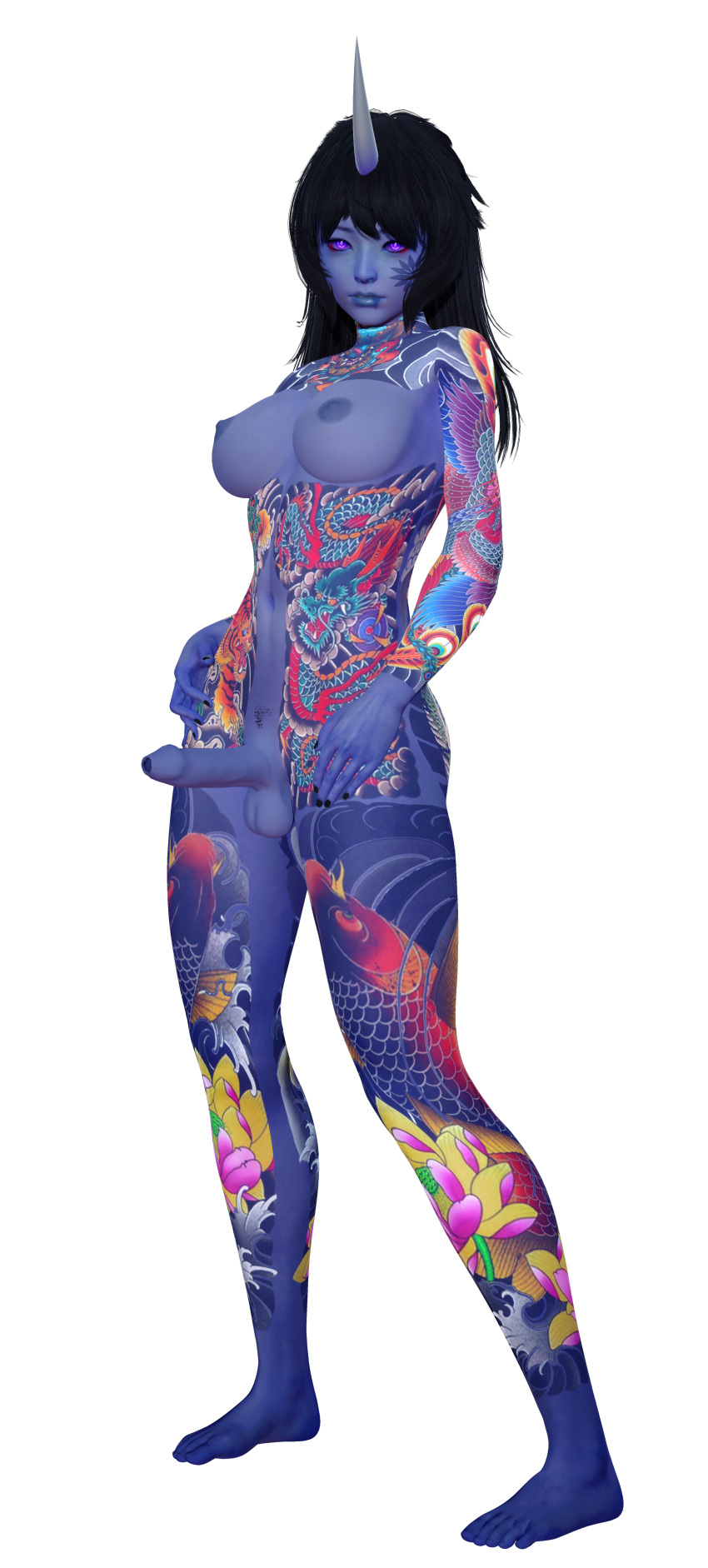 3d 4k alternate_angle alternate_version_available black_hair black_nails blue_lips blue_skin body_tattoo colored_nails face_tattoo futa_only futanari japanese_tattoo navel nude nude_futanari oni oni_horns original original_character plottingvendetta pubic_hair purple_eyes purple_skin red_eyeliner single_horn solo tattoo tattoos transparent_background uncircumcised unicorn_horn yakuza_tattoo