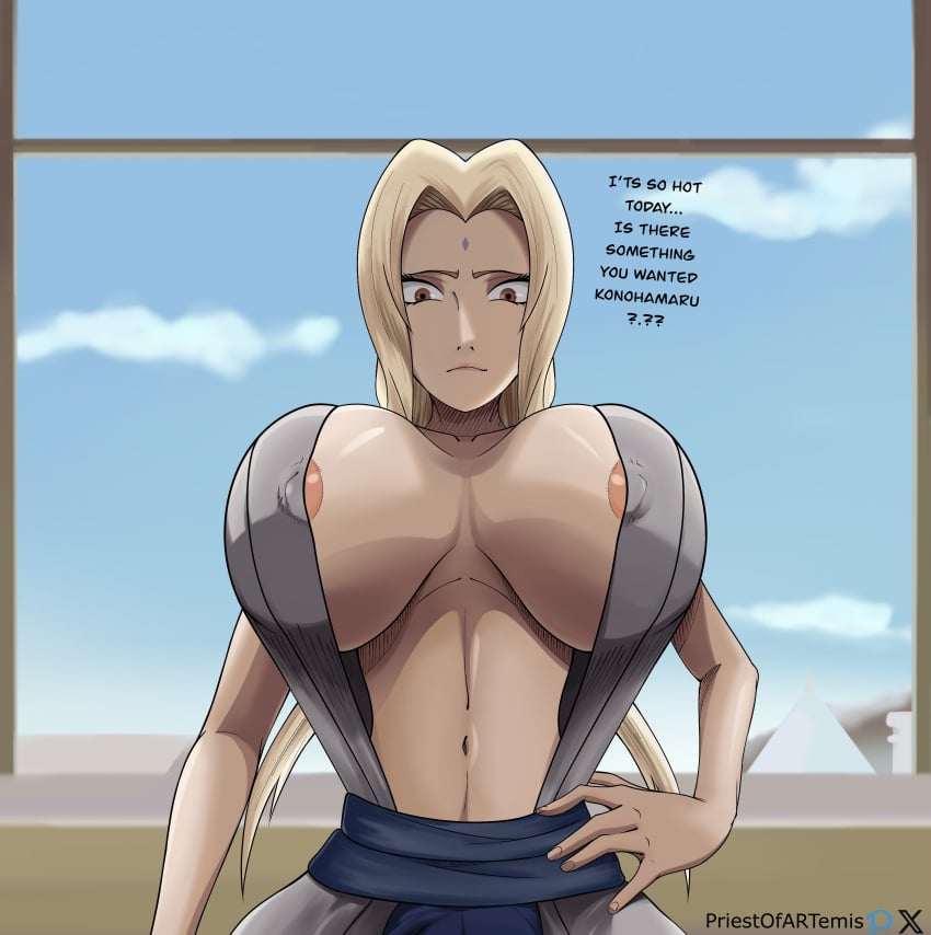 big_breasts blonde_hair blush clothing curvy curvy_figure facial_mark huge_breasts kimono mature_female milf naruto naruto_(series) nipple_slip nipples no_bra open_clothes priestofart sarutobi_konohamaru thighs tsunade