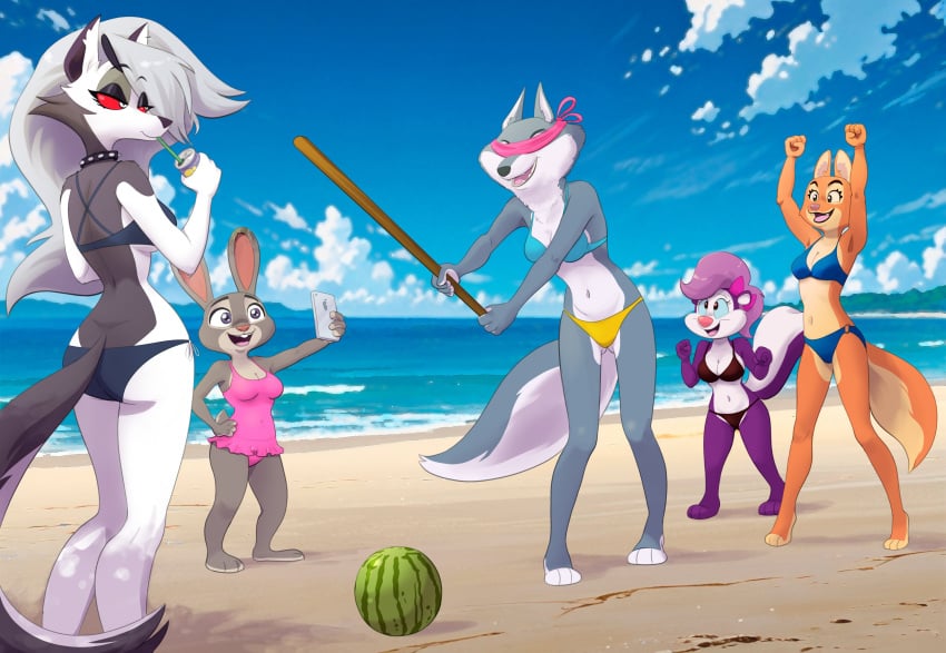 beach bikini crossover diane_foxington dreamworks fifi_la_fume furboz helluva_boss illumination_entertainment judy_hopps loona_(helluva_boss) porsha_crystal sing_(movie) sing_2 swimsuit the_bad_guys tiny_toon_adventures universal_studios vivienne_medrano warner_bros warner_brothers watermelon zootopia