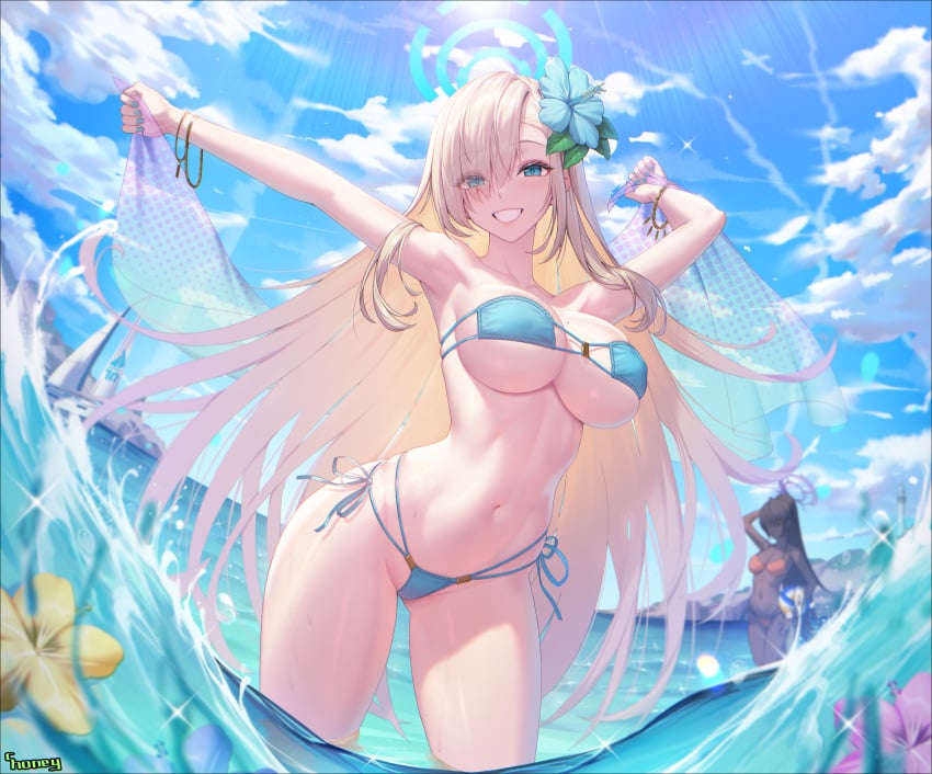 2022 2girls absurd_res asuna_(blue_archive) beach bikini black_hair blonde_hair blue_archive blue_bikini blue_eyes breasts brown_skin character_in_background chocolate_and_vanilla choney dark-skinned_female dark_skin detailed_background eyepatch_bikini female female_only hair_over_one_eye halo hips huge_breasts karin_(blue_archive) light-skinned_female light_skin long_hair looking_at_viewer outdoors ponytail slim_waist smile thick_thighs thighs very_long_hair wide_hips