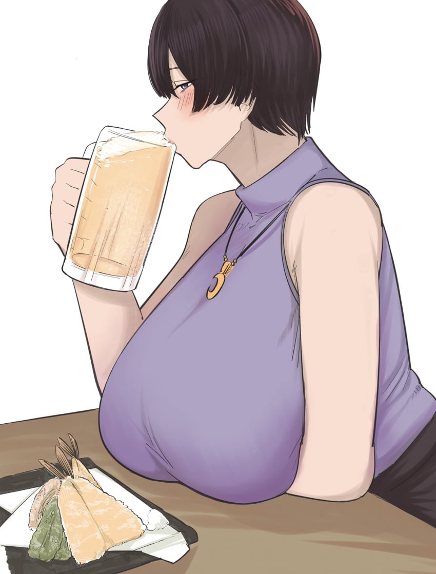 1girls alcohol alcoholic alcoholic_beverage alcoholic_drink arm_under_breasts bakunyuu bare_shoulders beer beer_foam beer_glass beer_mug black_hair black_skirt blank_background blouse blush blushing_at_viewer breasts breasts_on_table breasts_rest chichi8181 chichi_8181 cleavage cup drinking drinking_alcohol drinking_beer drinking_glass drunk enormous_breasts female_focus food from_side fully_clothed fuyuko hi_res high_resolution highres holding holding_drinking_glass holding_mug huge_breasts jewelry looking_at_viewer mug necklace no_sleeves_shirt original plain_background plate purple_shirt seafood shirt short_hair side_view simple_background sitting skirt sleeveless sleeveless_shirt solo solo_female top_heavy_breasts upper_body very_short_hair voluptuous voluptuous_female white_background