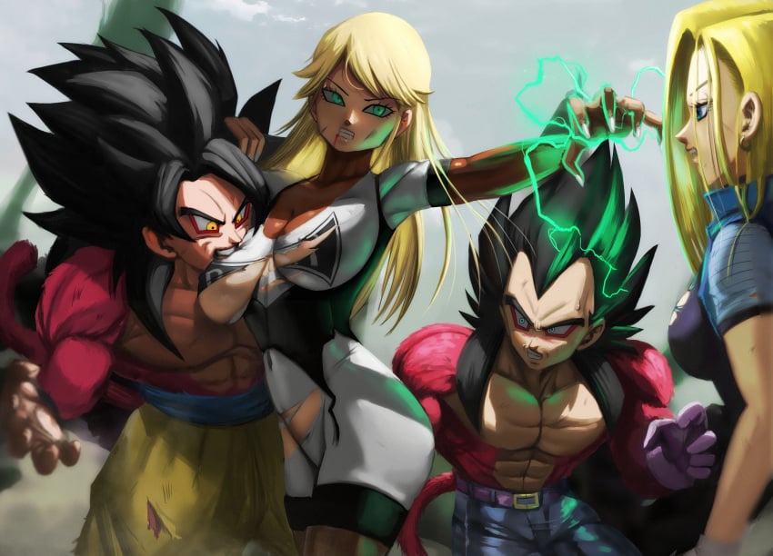 2boys 2girls abs android_18 big_breasts bite blonde_female breast_biting cleavage dragon_ball dragon_ball_gt female goku nipple_bulge novasayajingoku ripped_clothing saiyan son_goku super_saiyan_4 vegeta