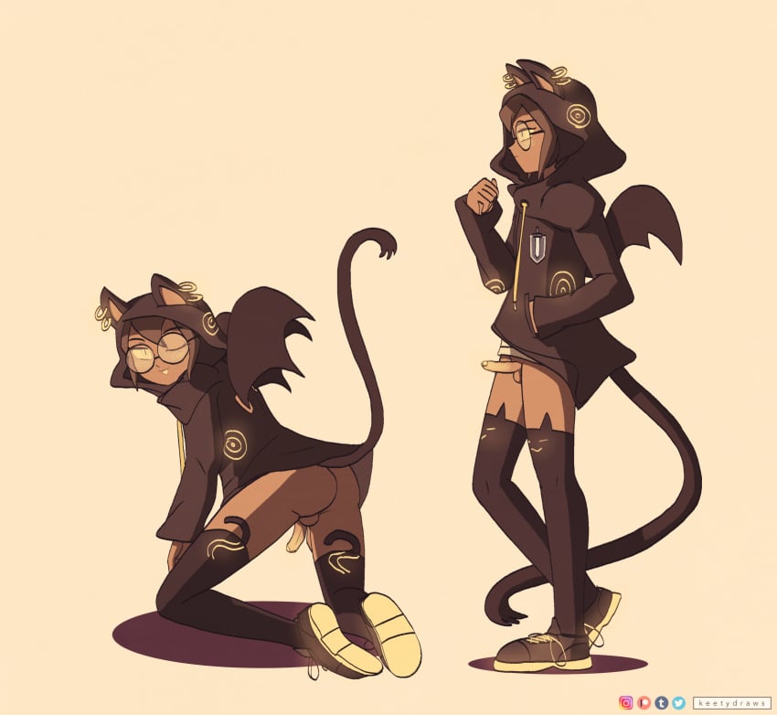 1boy absurd_res ass bat_wings bottomless cat_ears cat_tail catboy dylan_(keetydraws) erection femboy glasses hi_res hoodie kt-draws male original original_character penis presenting_hindquarters solo solo_male tail testicles thighhighs tongue_out uncut wings wink