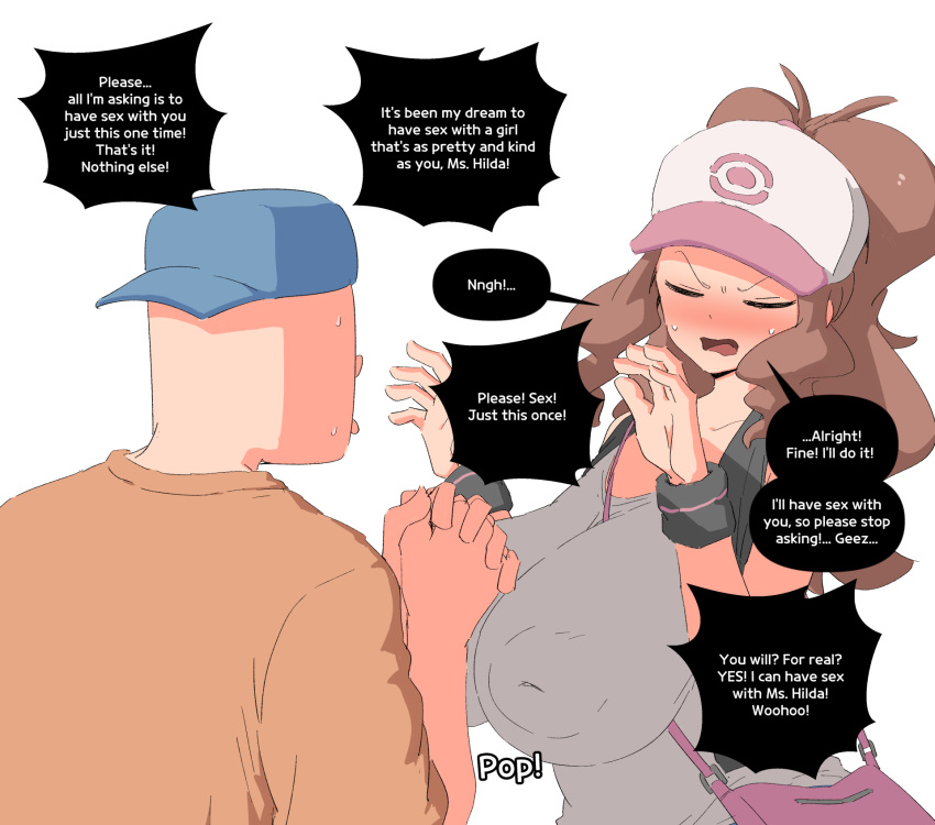 1boy 1girls begging begging_for_sex big_breasts brown_hair clothed desperate_for_sex desperation dialogue english_text female hilda_(pokemon) light-skinned_male light_skin male pokemon pokemon_bw respectful_address sex_request short_shorts shorts simp speech_bubble text virgin_male woohyoot