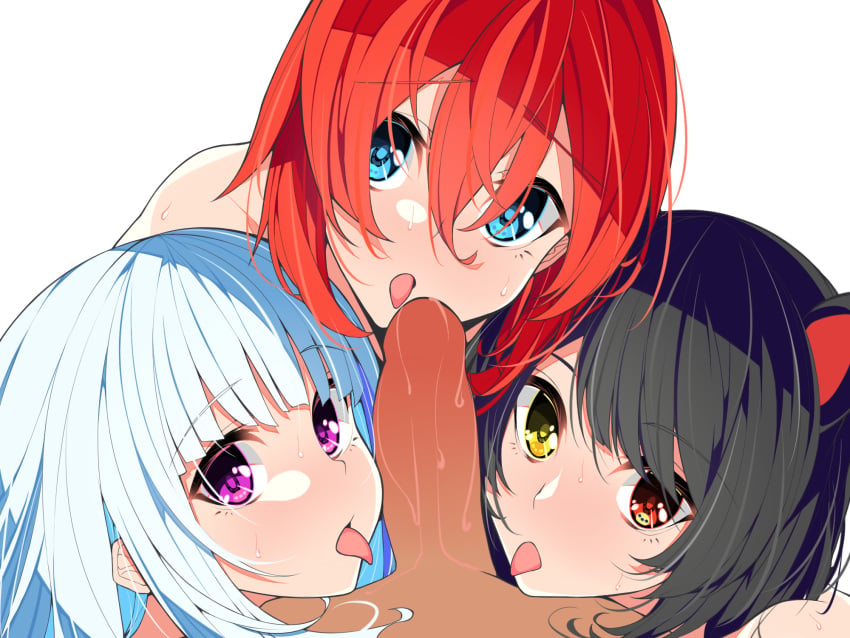 1boy 3girls ange_katrina animal_ears bangs bare_shoulders black_hair blue_eyes blush collaborative_fellatio colored_inner_hair cooperative_fellatio dark-skinned_male dark_skin dog_ears eyebrows_visible_through_hair fellatio fffm_foursome foursome hair_between_eyes harem heterochromia highres interracial inui_toko licking licking_penis light-skinned_female light_blue_hair light_skin lize_helesta long_hair looking_at_viewer multicolored_hair multiple_girls nijisanji nose_blush open_mouth oral penis pov red_eyes red_hair sensei_(hitagi3594) short_hair simple_background straight sweat tongue tongue_out virtual_youtuber white_background white_hair yellow_eyes