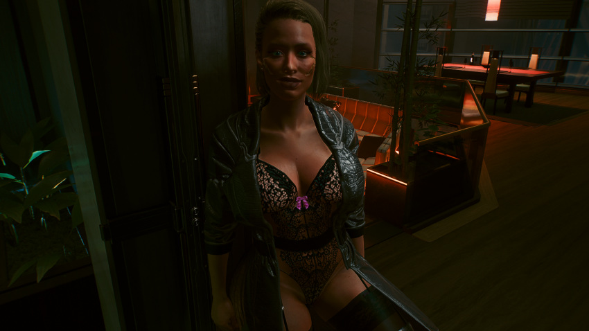 1girls 3d blonde_hair blue_eyes cd_projekt_red cybernetic cybernetics cyberpunk_2077 eyeliner female female_only hung_s0l0 leather_jacket lingerie lipstick oc solo tanline tanlines v_(cyberpunk_2077) valerie_(cyberpunk_2077) viletta_(hung_s0l0)