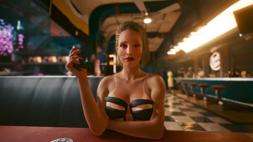 1girls 3d blonde_hair blue_eyes cd_projekt_red cleavage cybernetic cybernetics cyberpunk_2077 date diner eyeliner female female_only hung_s0l0 lipstick nipple_slip nipslip oc solo tanline tanlines unimpressed v_(cyberpunk_2077) valerie_(cyberpunk_2077) viletta_(hung_s0l0)