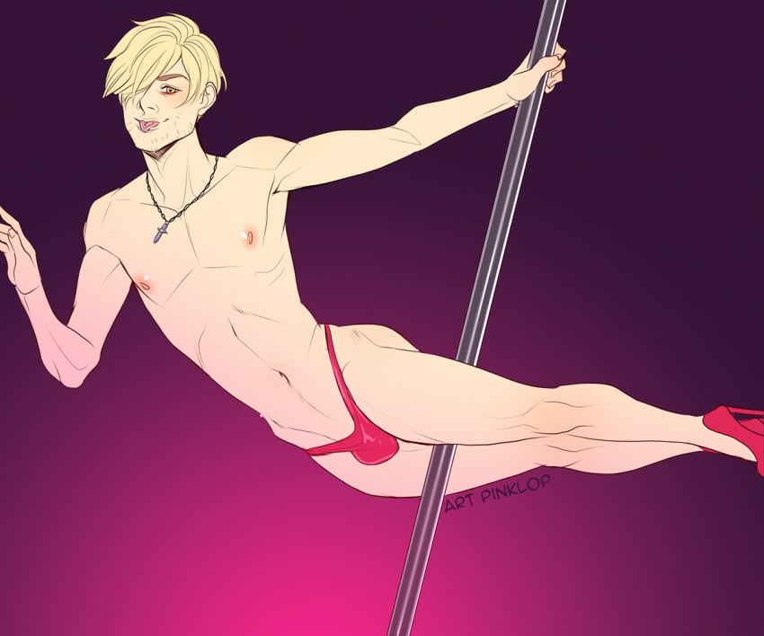 1boy blonde_hair bulge femboy feminization golden_eyes high_heels hot_pink james_harden_williams_(oc) original pale_skin piercing pinklop playful pole_dancing smug stubble thin_male thong