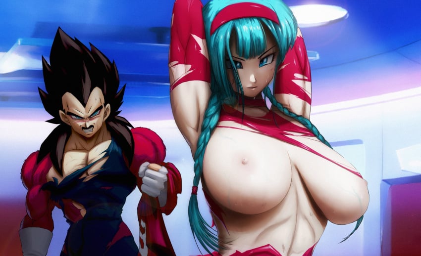 1girls aged_up arms_up big_breasts black_hair blue_eyes blue_hair bra_(dragon_ball) bra_briefs braid breasts dragon_ball dragon_ball_gt elitenappa father_and_daughter female female_saiyan huge_breasts large_breasts male male_saiyan nipples novasayajingoku red_headwear ripped_clothing saiyan shounen_jump super_saiyan_4 sweat vegeta