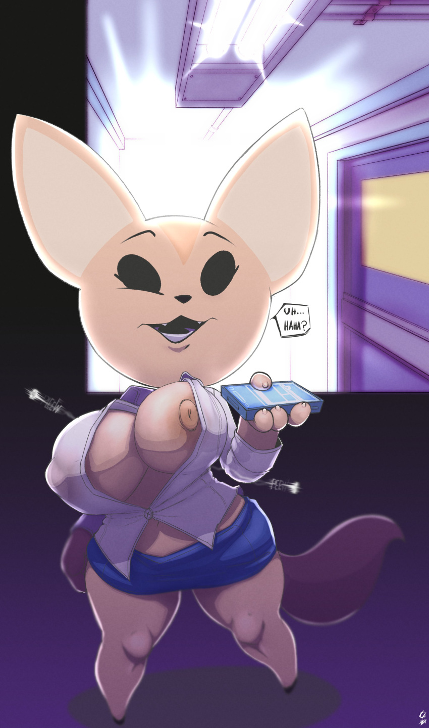 ... absurd_res aggressive_retsuko aggretsuko anthro areola big_breasts black_eyes bottomwear breasts brown_areola brown_nipples button_pop canid canine clothing dress_shirt english_text female fennec fenneko fox hi_res holding_object holding_phone hyper_bimbo looking_at_viewer mammal nipples open_mouth phone question_mark sanrio shirt sixsidesofmyhead skirt solo straight_hair text topwear wardrobe_malfunction white_body