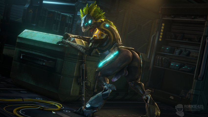 alien anthro anus armor ass balls bent_over big_butt big_penis bravo44_(artist) erection feathers genitals gun halo_(series) hi_res humanoid kig-yar lanhar_vids looking_at_viewer male male_focus male_only microsoft penis plumage presenting presenting_anus presenting_balls presenting_hindquarters presenting_penis pubes ranged_weapon rifle rookie425 scalie science_fiction solo spread_legs spreading t'vaoan video_games weapon xbox_game_studios yellow_body yellow_feathers