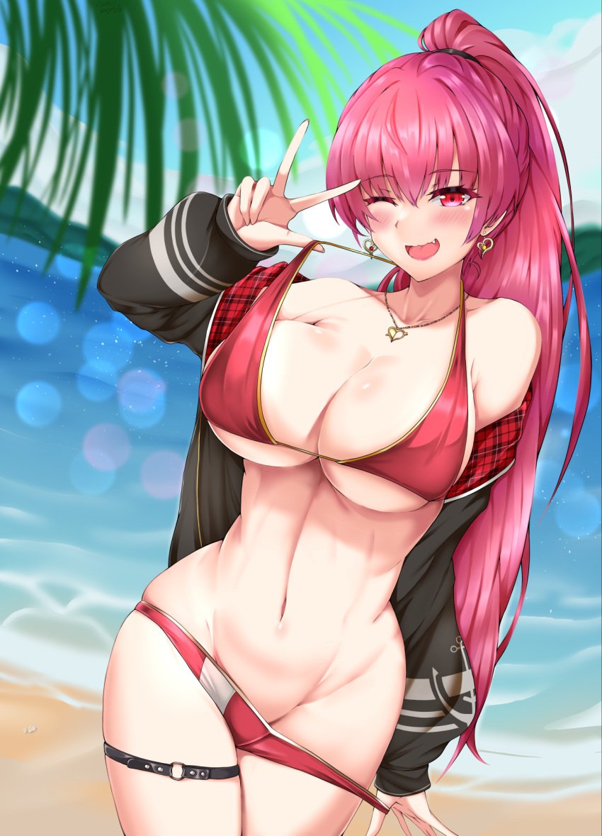 ;d anchor_print artist_request bare_shoulders beach bikini bikini_pull black_jacket blue_sky breasts cleavage clothes_pull cloud day dutch_angle earrings female gold_earrings gold_necklace gold_trim groin hand_up heart heart_earrings heart_necklace high_ponytail highres hololive hololive_fantasy hololive_japan houshou_marine jacket jewelry large_breasts leaf lens_flare looking_at_viewer navel necklace oerba_yun_fang off_shoulder one_eye_closed open_mouth outdoors ponytail pulled_by_self red_eyes red_hair sang_youmu sky smile solo stomach strap_pull swimsuit thigh_strap two-sided_fabric two-sided_jacket underboob virtual_youtuber w wide_hips