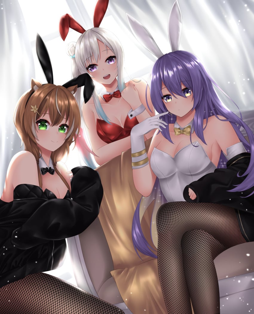 2d 2d_(artwork) 3girls absurd_res airani_iofifteen animal_ears ayunda_risu brown_hair bunny_ears bunny_girl bunnysuit cleavage female female_focus female_only fishnet_legwear fishnets gloves green_eyes hololive hololive_indonesia hololive_indonesia_area_15 legs_crossed long_hair looking_at_viewer moona_hoshinova pantyhose playboy_bunny playboy_bunny_costume playboy_bunny_leotard playboy_outfit popcornflakes purple_eyes purple_hair short_hair very_long_hair virtual_youtuber white_hair