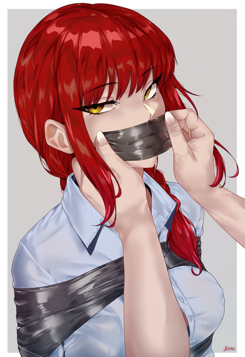 1boy 1boy1girl 1girls artist_signature bangs bondage business_woman chainsaw_man drawfagmona duct_tape duct_tape_gag femsub looking_at_viewer makima_(chainsaw_man) putting_on_gag red_hair sealed_mouth shirt submissive_female tagme tape_bondage tape_gag unseen_male_face upper_body yellow_eyes