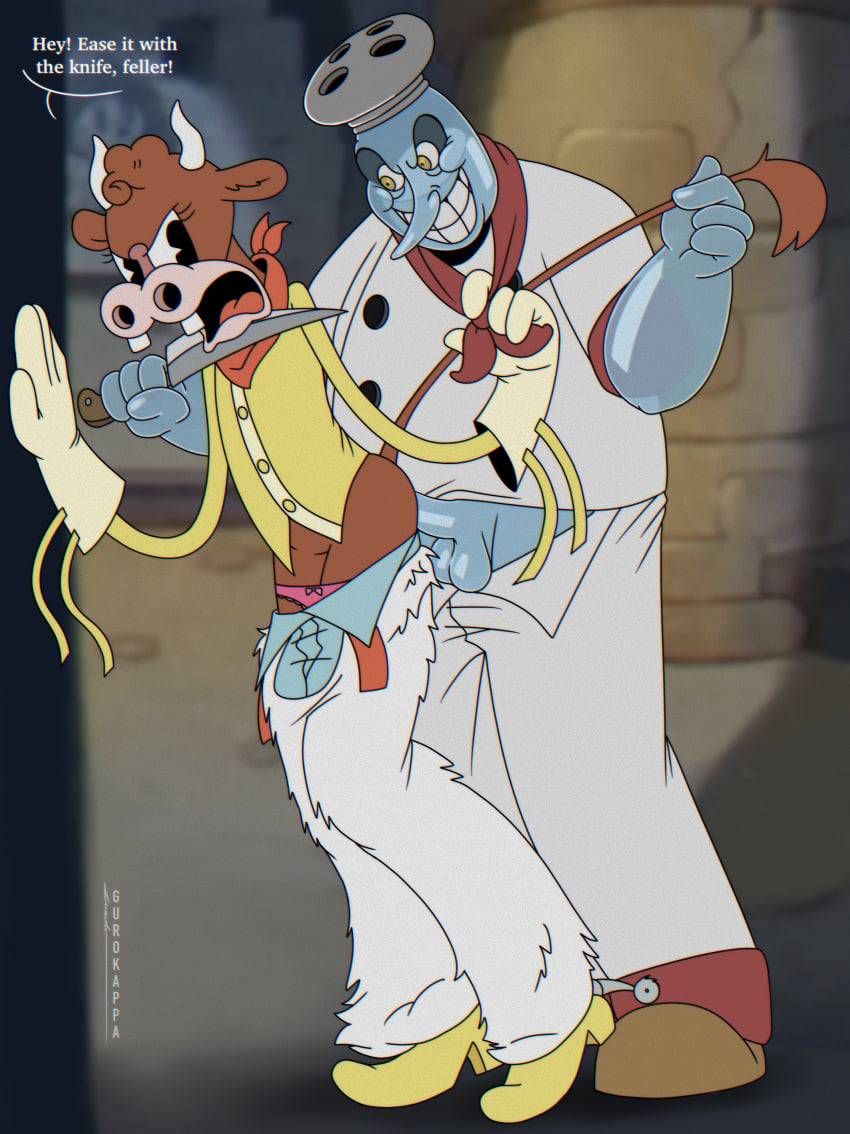 animate_inanimate anthro anthro_penetrated bovine chef_saltbaker crazy_eyes cuphead:_the_delicious_last_course cuphead_(game) dominant_male esther_winchester female gurokappa humanoid knife male overweight_male rape